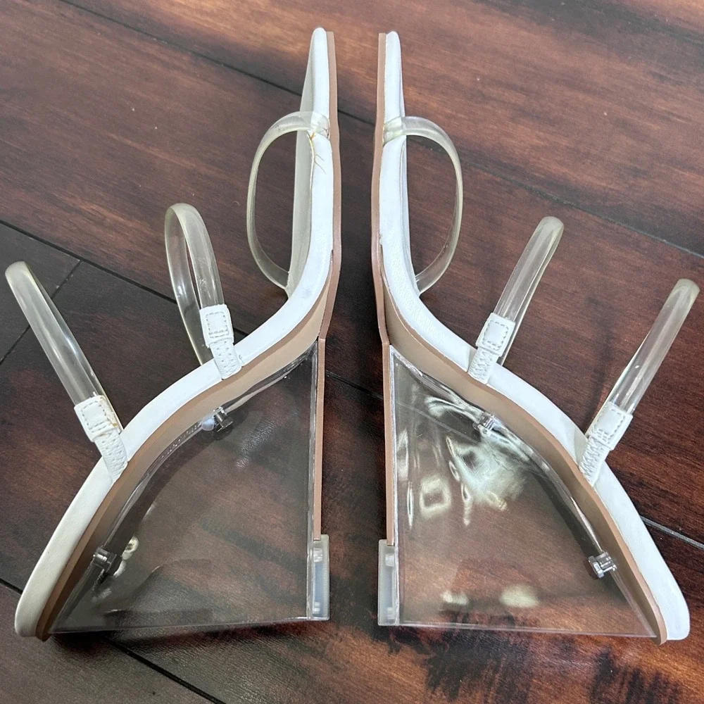 New Steve Madden Saute Strappy Lucite Clear Wedge Heel Sandals Sz 8.5 Minimalist